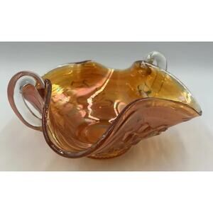 Vintage Marigold Lotus Carnival Glass Dish Handles Candy Trinkets Tidbits